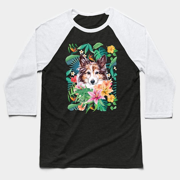 Tropical Sheltie Shetland Sheepdog Baseball T-Shirt by LulululuPainting